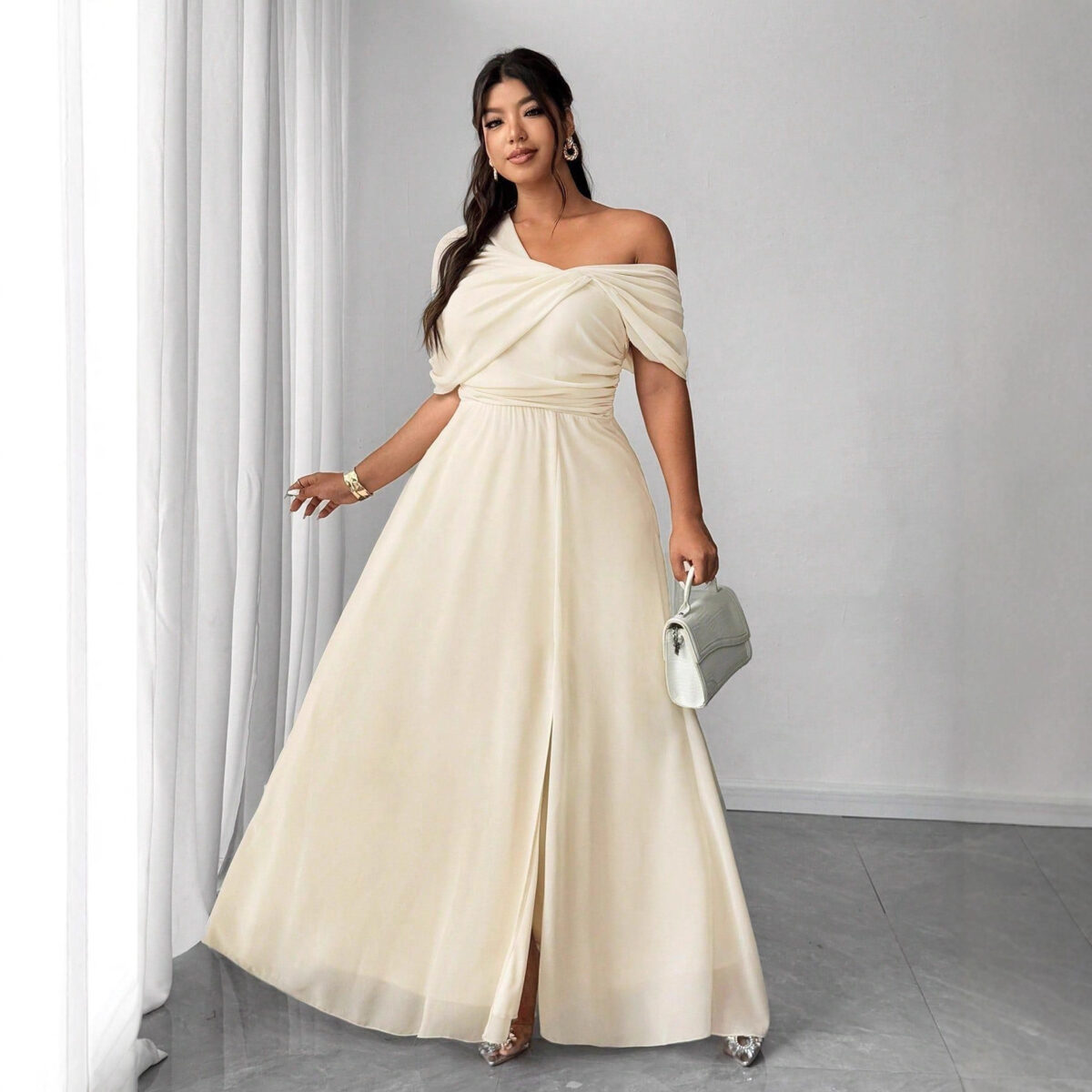 Off-Shoulder High-Waist Dress with Slit